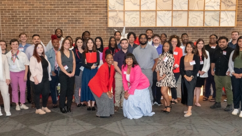 Large group shot of students in Camden campus center 