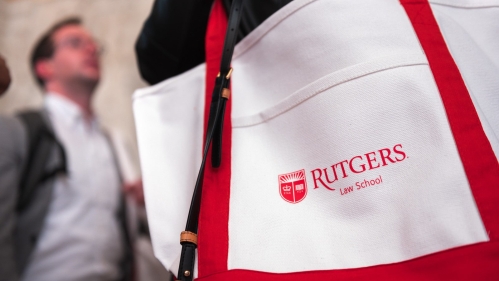 Rutgers Law School red and white tote