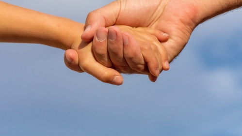 A close-up picture of two hands – one of an adult and one of a child, over a blue sky backdrop.