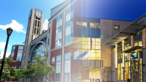 blended image of two buildings