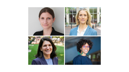 four women smiling in separate photo boxes