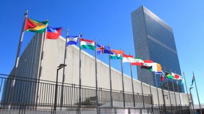 photograph of a building with many different flags in front of the entrance