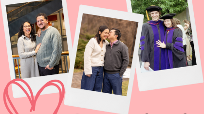 Three couples in separate polaroid frames with hearts and the words 'Rutgers Law Love'