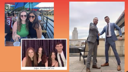 three squares of photos of smiling people against colorful background