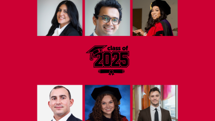 men and women in separate squares smiling with red background