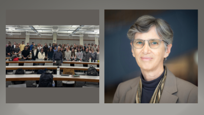 class standing in classroom in left box and woman with glasses grinning in right box