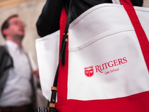 Rutgers Law School red and white tote