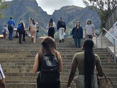 people walking up stairs with mountain in background