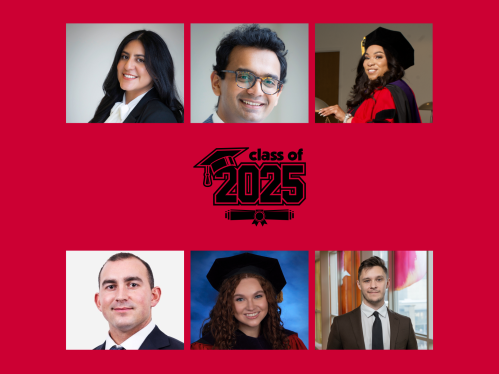 men and women in separate squares smiling with red background