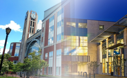 blended image of two buildings