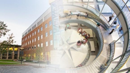 Photographs of the exterior of one building and the interior of another building