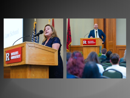 two separate photos of woman speaking at Rutgers podium and man speaking at Rutgers podium
