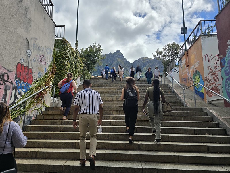 students walking up steps