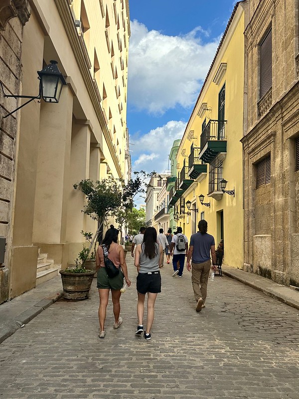 students walking on cobblestone street